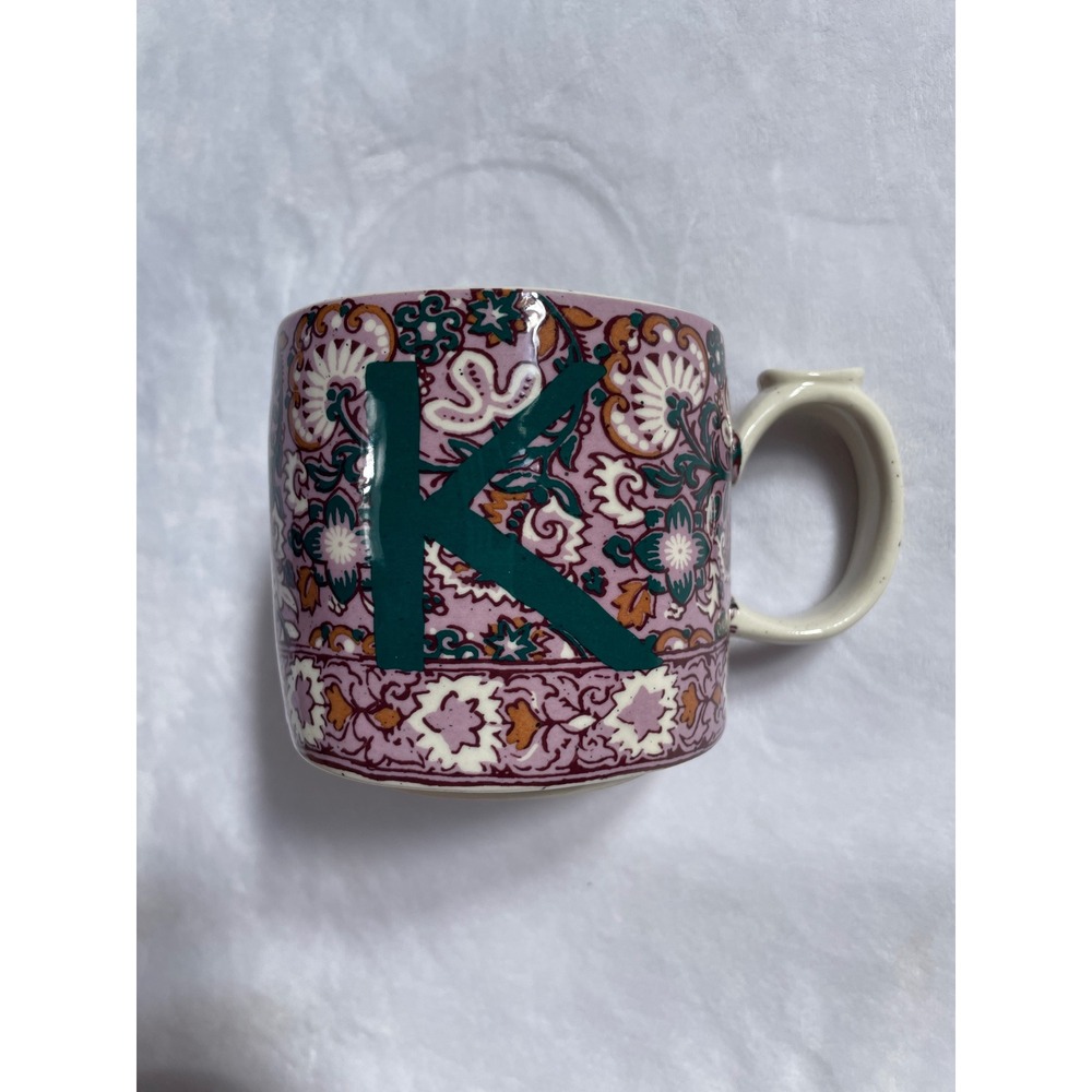 Anthropologie Initial K Coffee Mug Floral Paisley Purple Teal‎ Ceramic Cup
